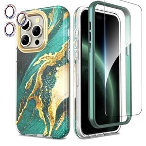 iPhone 15 Pro Case w/ Glitter Lens + Screen Protectors - Gold & Green Marble NEW